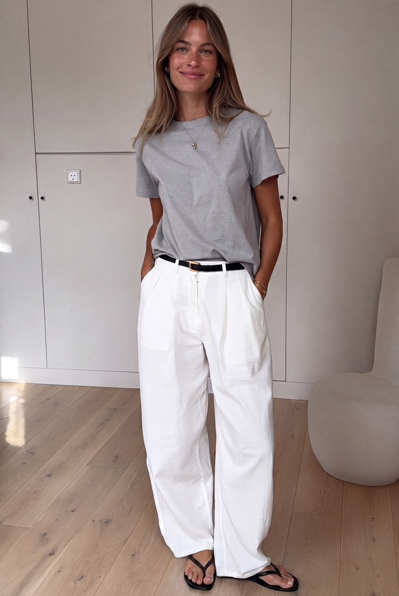 Original photo with a grey T-shirt and white trousers